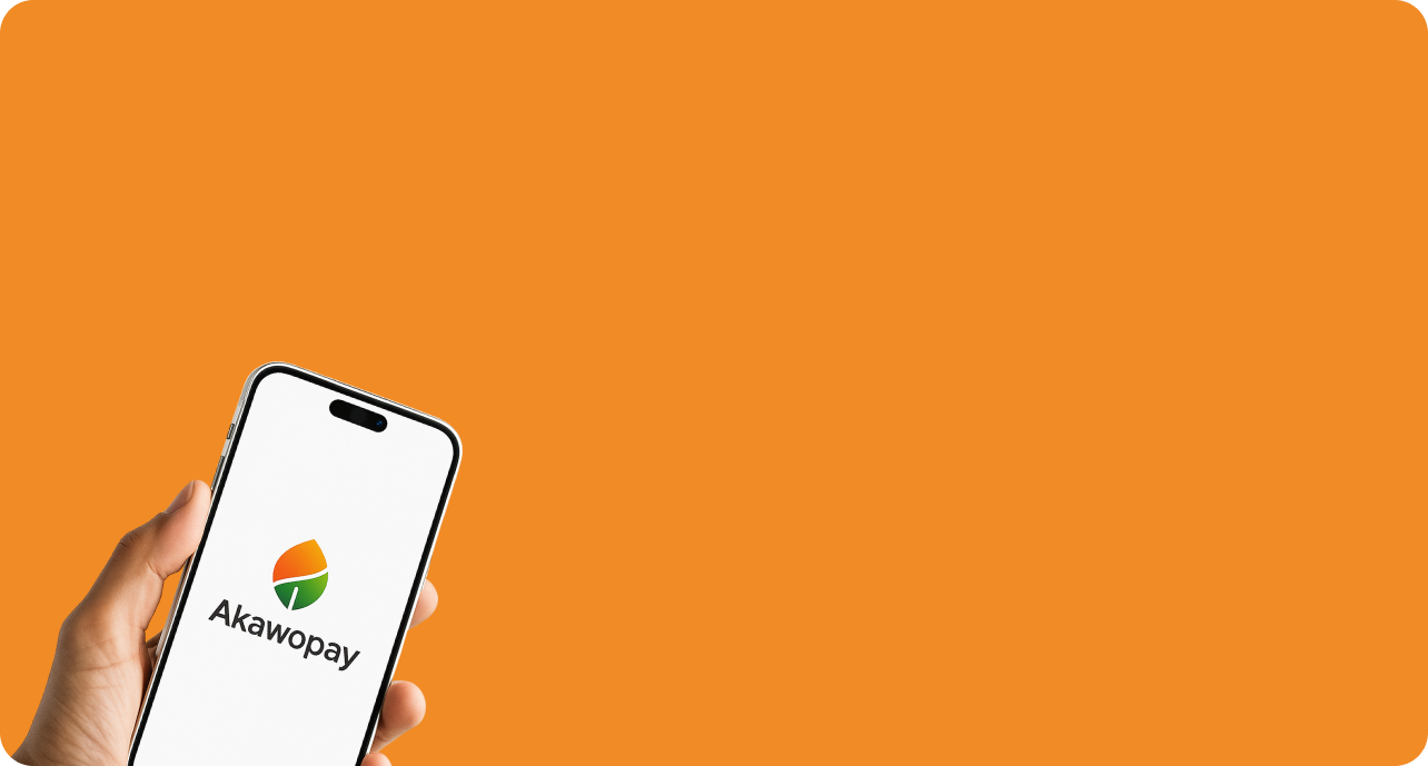 Hand holding phone displaying Akawopay logo